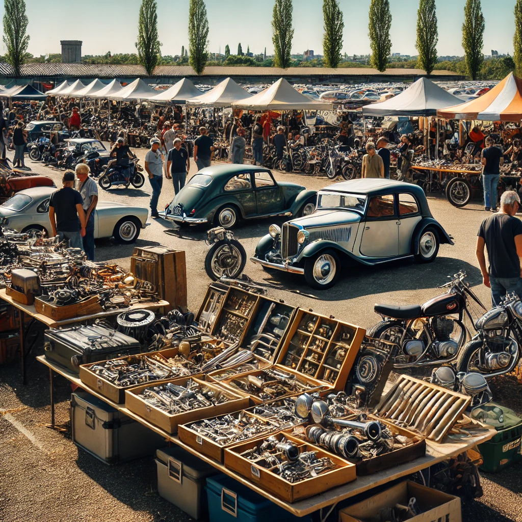 Scène d'une bourse d'échange auto et moto en plein air avec des stands de pièces détachées, des voitures et motos classiques exposées, et des visiteurs sous un ciel ensoleillé à Auterive.