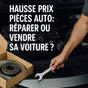 Mécanicien tenant une clé devant un moteur avec une boîte de pièces auto, illustrant la hausse du prix des pièces détachées et le choix entre réparer ou vendre sa voiture